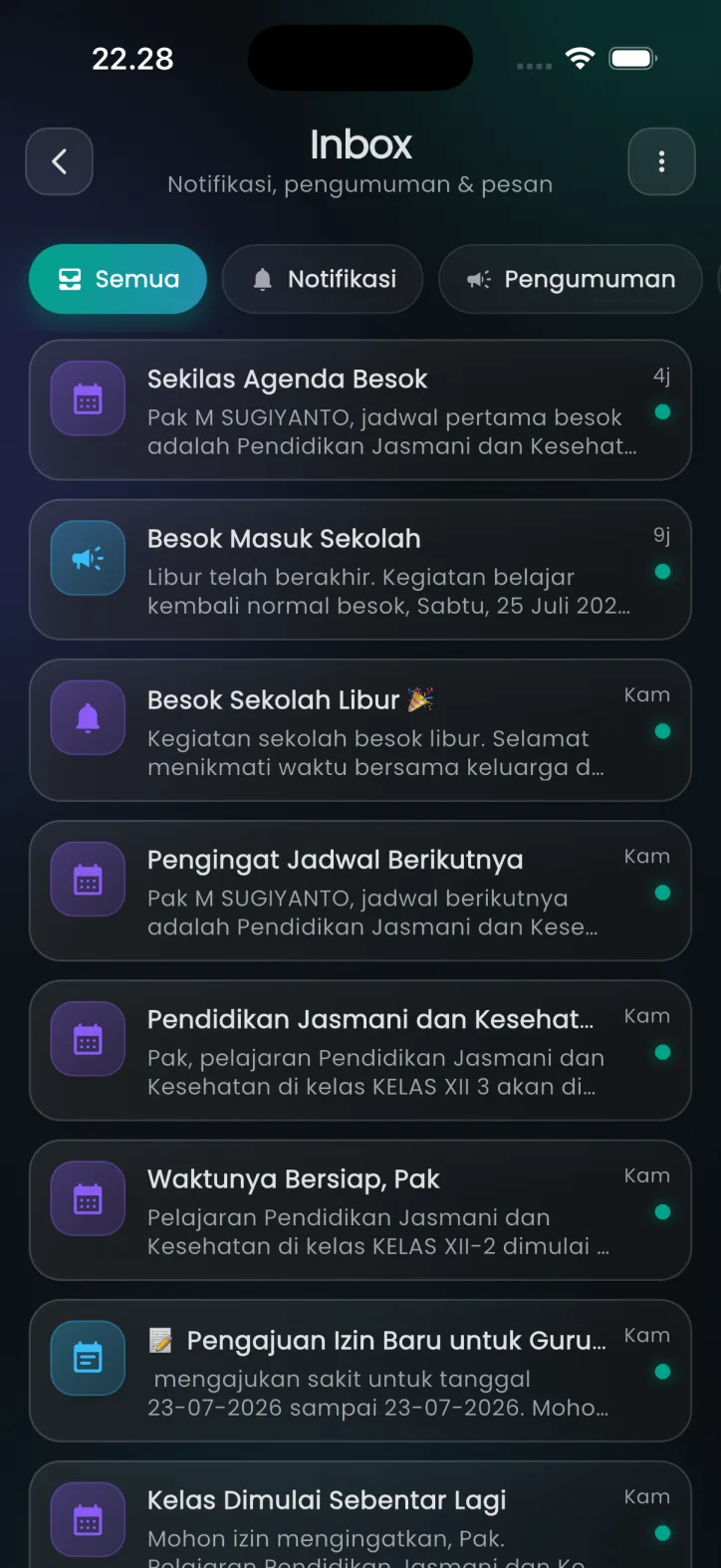 Daftar notifikasi pada aplikasi orang tua
